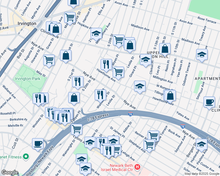 map of restaurants, bars, coffee shops, grocery stores, and more near 244 Nye Avenue in Newark