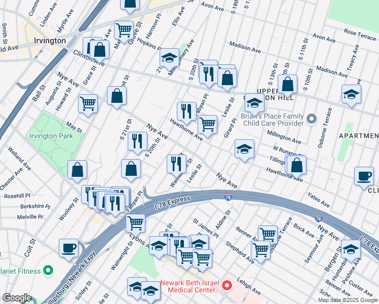 map of restaurants, bars, coffee shops, grocery stores, and more near 244 Nye Avenue in Newark