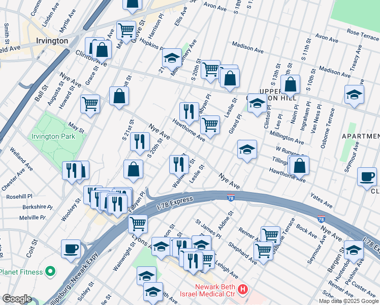 map of restaurants, bars, coffee shops, grocery stores, and more near 244 Nye Avenue in Newark