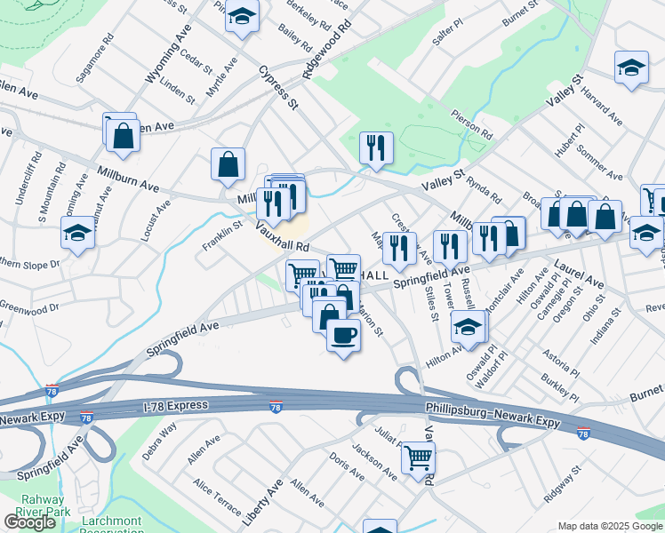 map of restaurants, bars, coffee shops, grocery stores, and more near 21 Amboy Street in Union