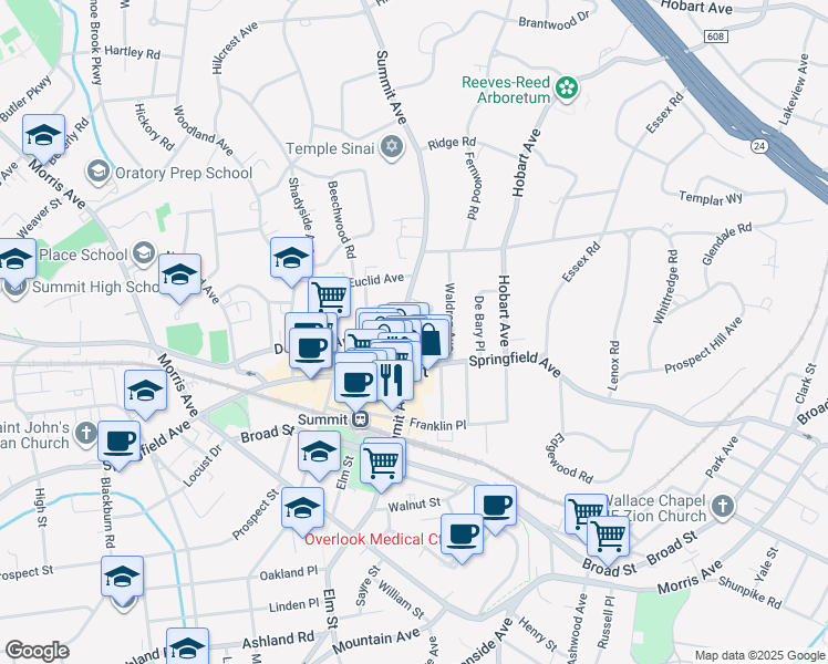 map of restaurants, bars, coffee shops, grocery stores, and more near 311 Springfield Avenue in Summit