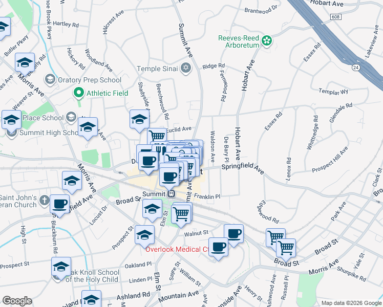 map of restaurants, bars, coffee shops, grocery stores, and more near 4 Deforest Avenue in Summit