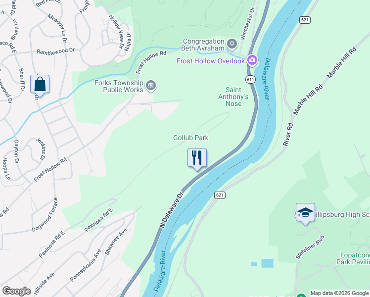 map of restaurants, bars, coffee shops, grocery stores, and more near 1200 Paxinosa Road East in Easton