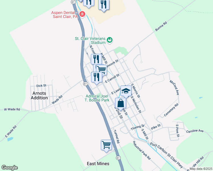 map of restaurants, bars, coffee shops, grocery stores, and more near 33 -35 North 2nd Street in Saint Clair