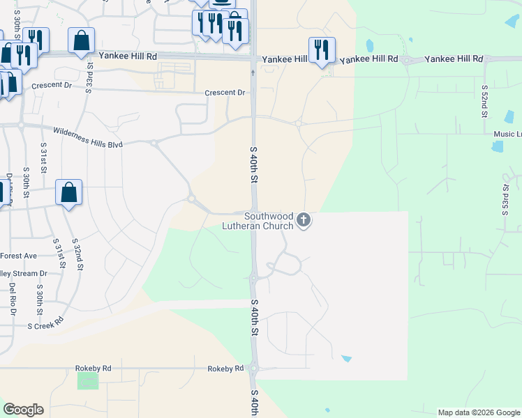 map of restaurants, bars, coffee shops, grocery stores, and more near 4301 Wilderness Hills Boulevard in Lincoln