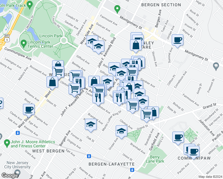map of restaurants, bars, coffee shops, grocery stores, and more near 548 Bergen Avenue in Jersey City