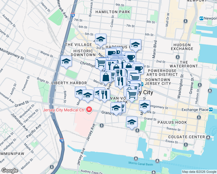 map of restaurants, bars, coffee shops, grocery stores, and more near Jersey Avenue & Mercer Street in Jersey City