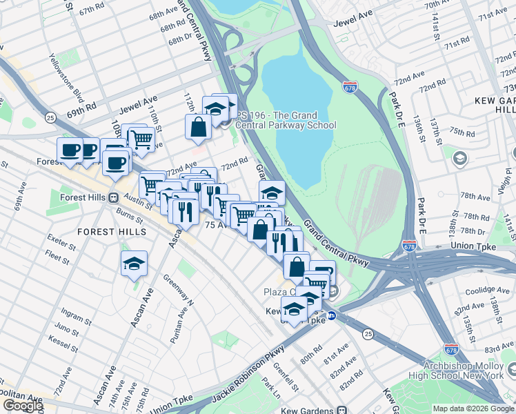 map of restaurants, bars, coffee shops, grocery stores, and more near 7502 113th Street in Queens