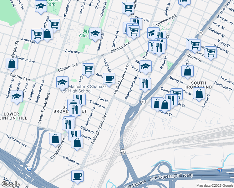 map of restaurants, bars, coffee shops, grocery stores, and more near 92 Frelinghuysen Avenue in Newark