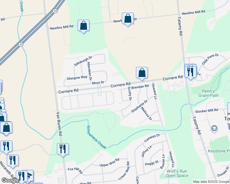 map of restaurants, bars, coffee shops, grocery stores, and more near 58 Glenmoor Circle South in Easton