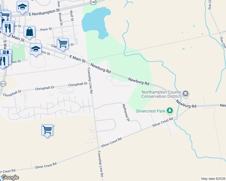 map of restaurants, bars, coffee shops, grocery stores, and more near 3377 Rising Sun Court in Nazareth