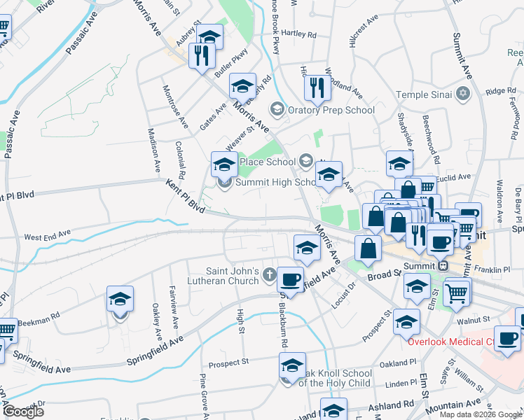 map of restaurants, bars, coffee shops, grocery stores, and more near 93 Kent Place Boulevard in Summit