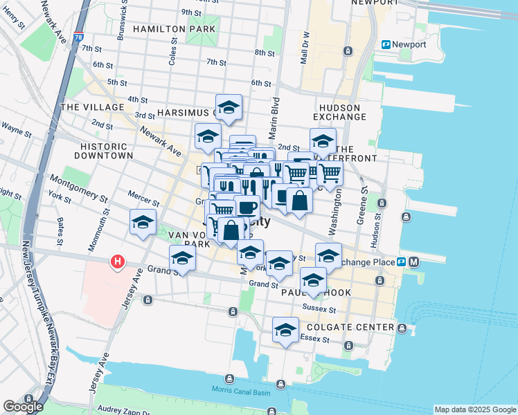 map of restaurants, bars, coffee shops, grocery stores, and more near 100 Christopher Columbus Drive in Jersey City