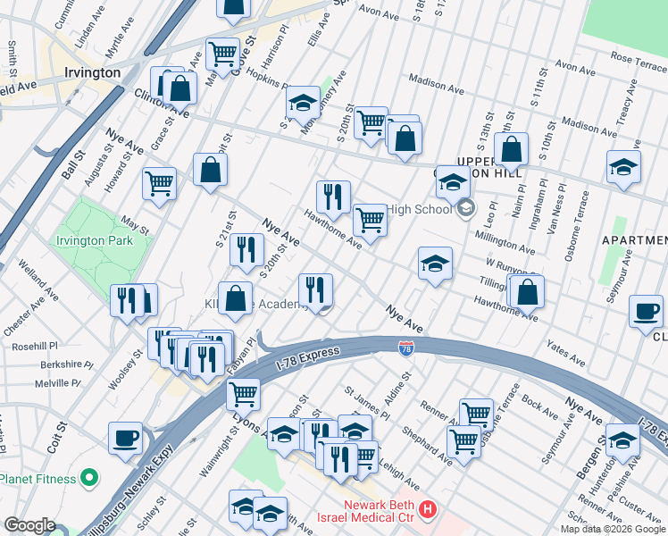 map of restaurants, bars, coffee shops, grocery stores, and more near 244 Nye Avenue in Newark