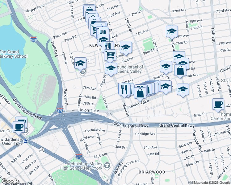 map of restaurants, bars, coffee shops, grocery stores, and more near 25 Main Street in Queens