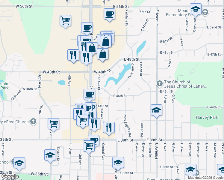 map of restaurants, bars, coffee shops, grocery stores, and more near 1 Crestview Place in Kearney