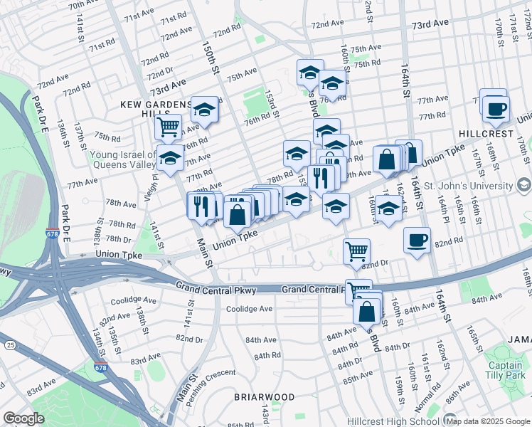map of restaurants, bars, coffee shops, grocery stores, and more near 149-17 Union Turnpike in Queens