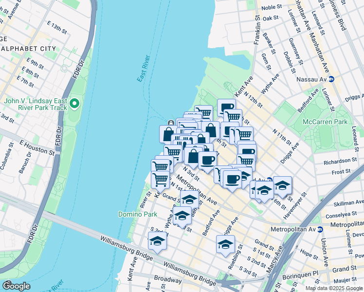 map of restaurants, bars, coffee shops, grocery stores, and more near 184 Kent Avenue in Brooklyn