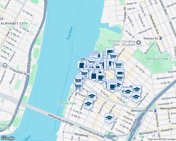 map of restaurants, bars, coffee shops, grocery stores, and more near 1 Northside Piers in Brooklyn