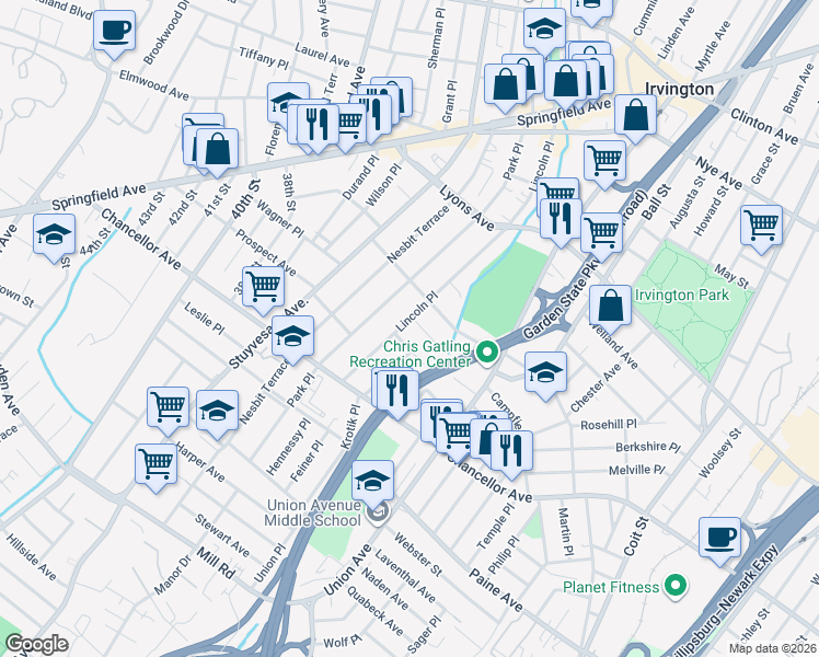 map of restaurants, bars, coffee shops, grocery stores, and more near 10 Maple Place in Irvington