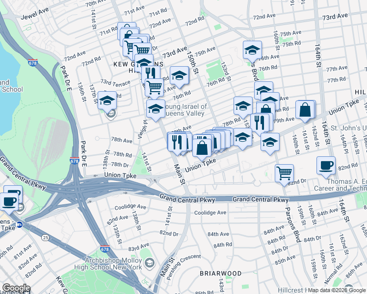 map of restaurants, bars, coffee shops, grocery stores, and more near 156-33 79th Avenue in Queens