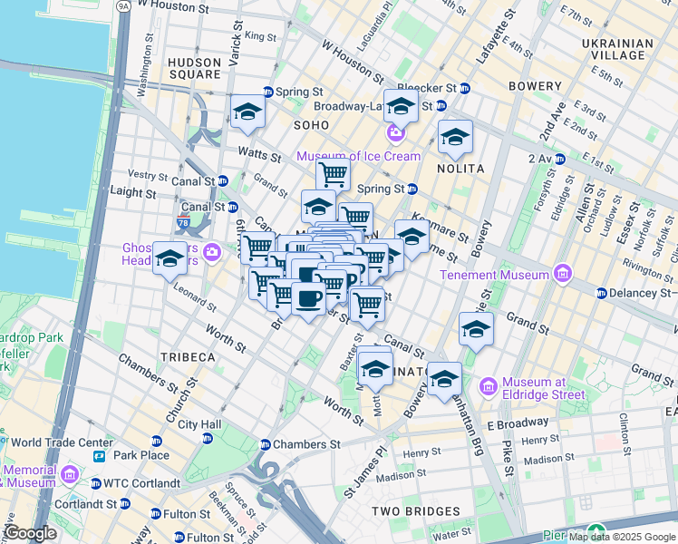 map of restaurants, bars, coffee shops, grocery stores, and more near 78 Walker Street in New York