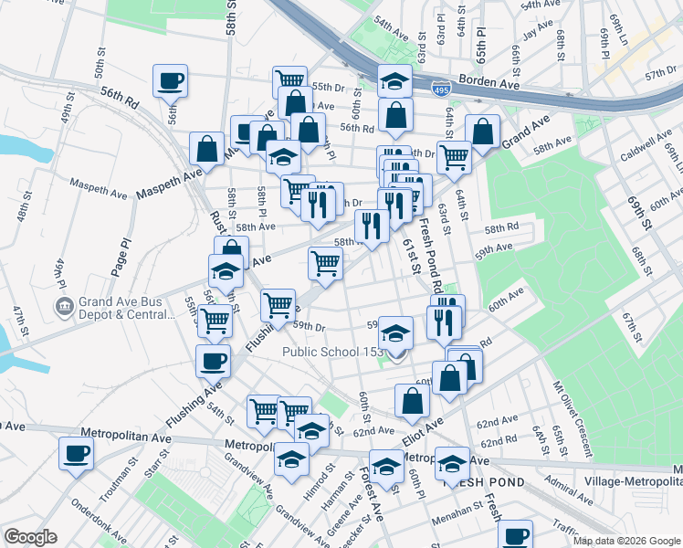 map of restaurants, bars, coffee shops, grocery stores, and more near 60th Street in Queens