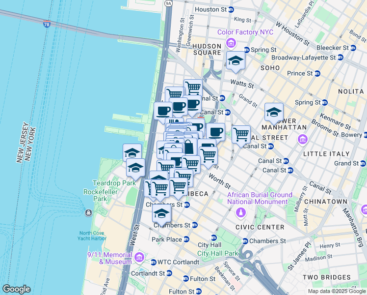 map of restaurants, bars, coffee shops, grocery stores, and more near 177 Franklin Street in New York