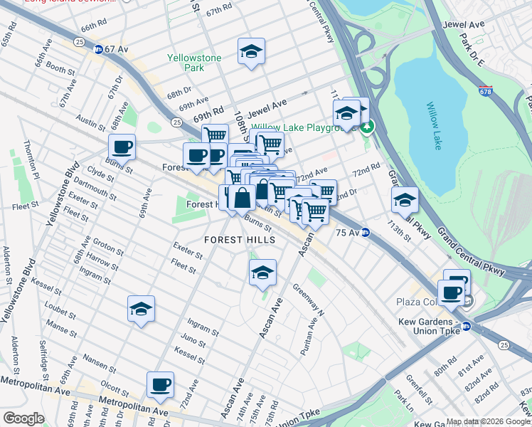 map of restaurants, bars, coffee shops, grocery stores, and more near 45 Burns Street in Queens