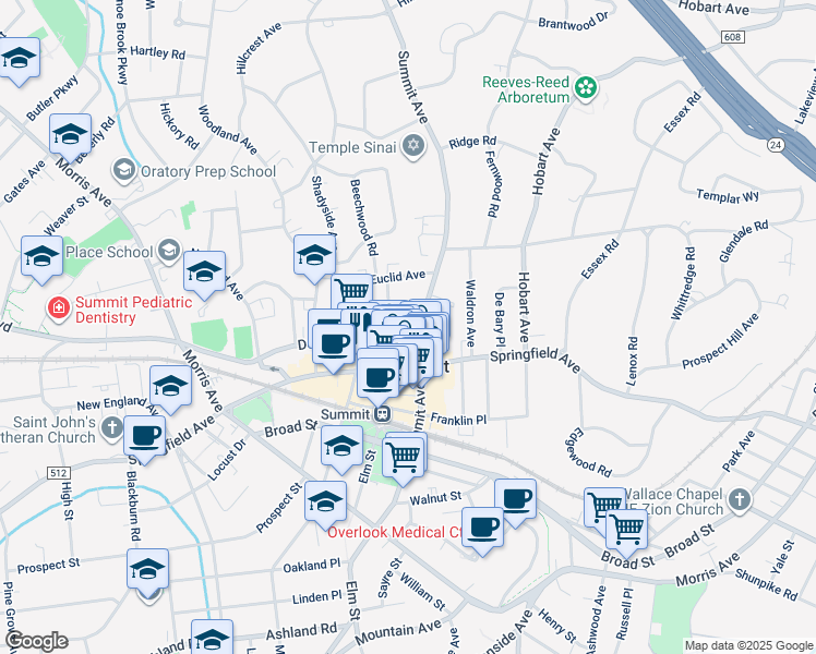 map of restaurants, bars, coffee shops, grocery stores, and more near 4 Deforest Avenue in Summit