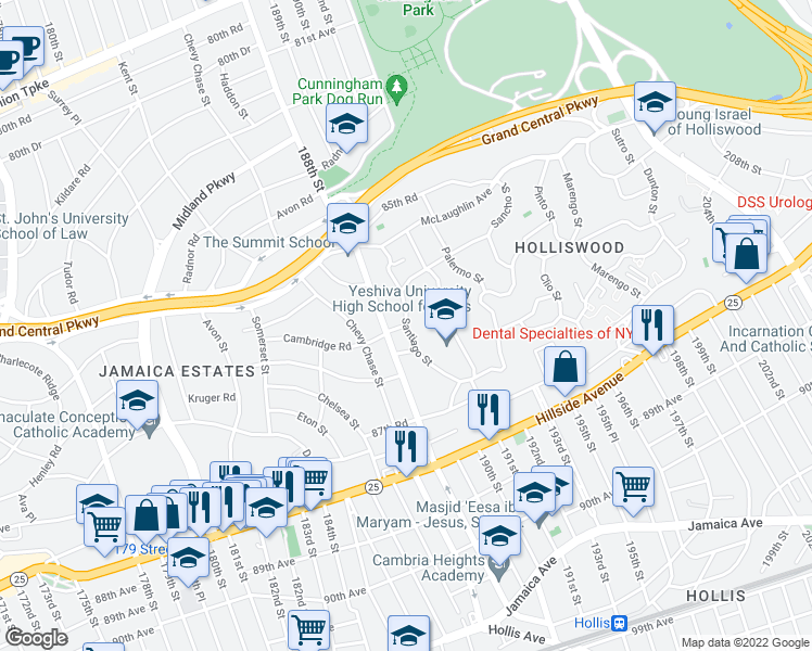 map of restaurants, bars, coffee shops, grocery stores, and more near Soho Drive in Queens