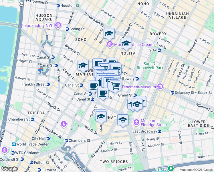 map of restaurants, bars, coffee shops, grocery stores, and more near in New York