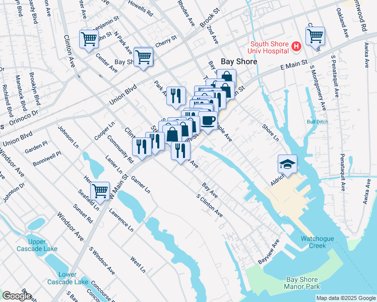 map of restaurants, bars, coffee shops, grocery stores, and more near 9 Ocean Avenue in Bay Shore