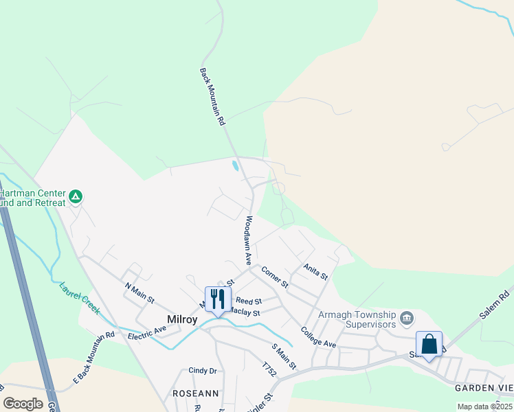 map of restaurants, bars, coffee shops, grocery stores, and more near 8726 Back Mountain Road in Milroy