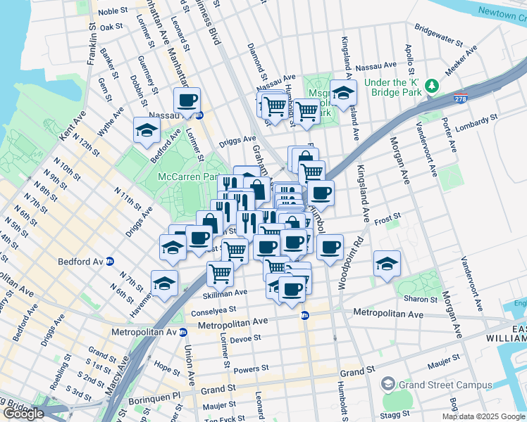 map of restaurants, bars, coffee shops, grocery stores, and more near 415 Manhattan Avenue in Brooklyn
