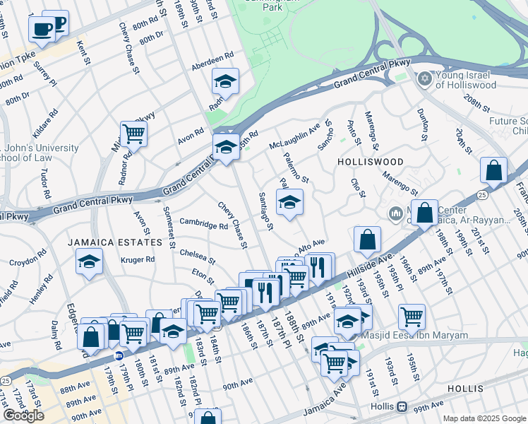 map of restaurants, bars, coffee shops, grocery stores, and more near Soho Drive in Queens