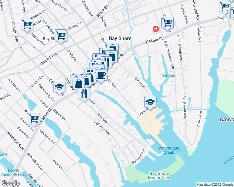 map of restaurants, bars, coffee shops, grocery stores, and more near 40 Maple Avenue in Bay Shore