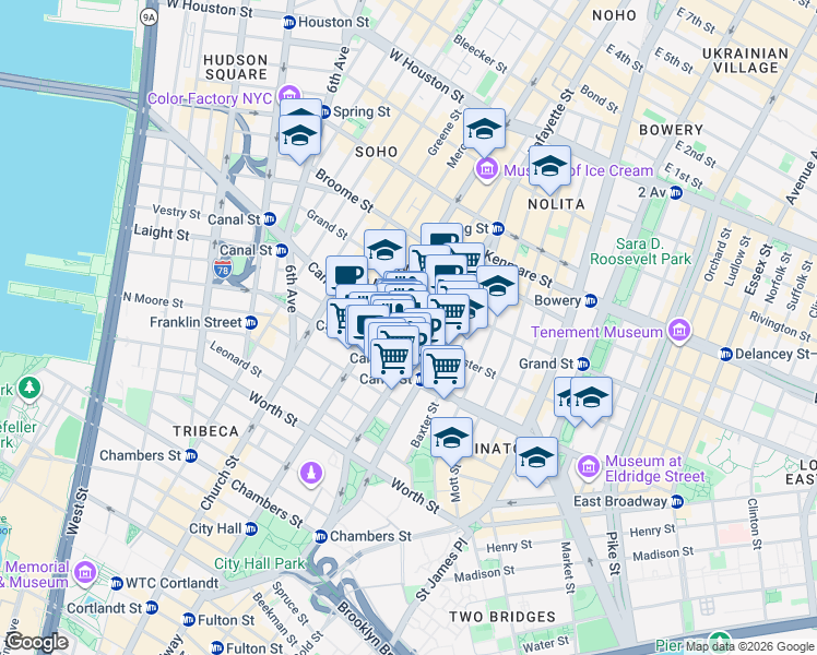 map of restaurants, bars, coffee shops, grocery stores, and more near 25 Howard Street in New York