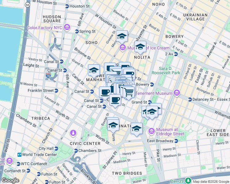 map of restaurants, bars, coffee shops, grocery stores, and more near 142 Mulberry Street in New York