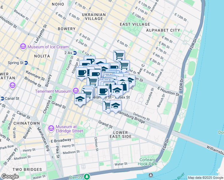 map of restaurants, bars, coffee shops, grocery stores, and more near 42 Clinton Street in New York