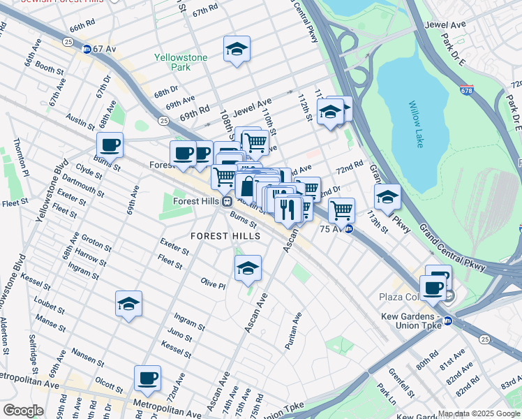 map of restaurants, bars, coffee shops, grocery stores, and more near 160 72nd Avenue in Queens