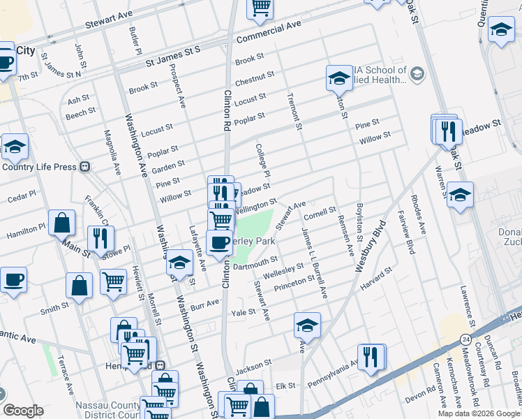 map of restaurants, bars, coffee shops, grocery stores, and more near 114 Wellington Street in Hempstead