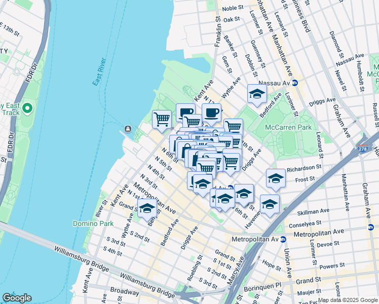 map of restaurants, bars, coffee shops, grocery stores, and more near 110 Berry Street in Brooklyn