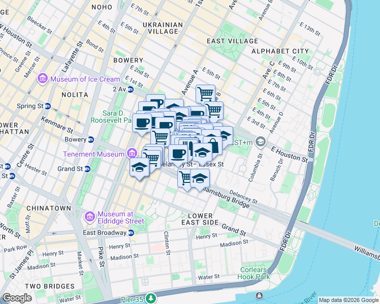map of restaurants, bars, coffee shops, grocery stores, and more near 47 Clinton Street in New York
