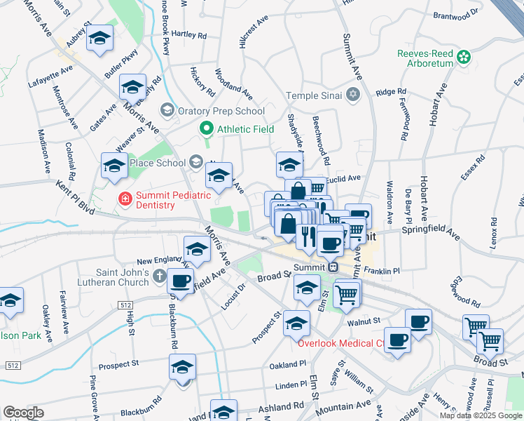 map of restaurants, bars, coffee shops, grocery stores, and more near 9 Norwood Avenue in Summit