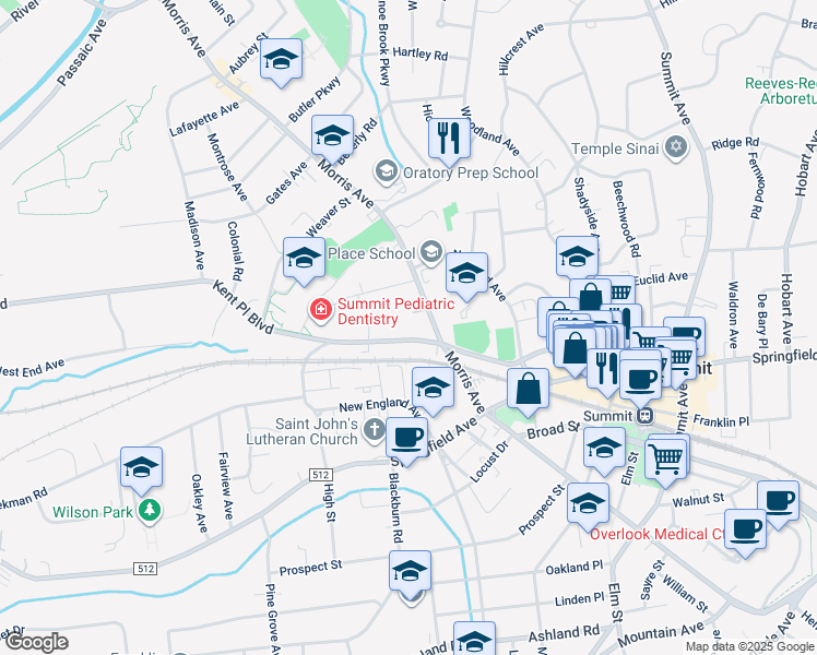map of restaurants, bars, coffee shops, grocery stores, and more near 73 Kent Place Boulevard in Summit