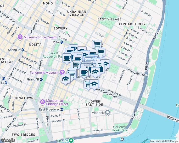 map of restaurants, bars, coffee shops, grocery stores, and more near 47 Clinton Street in New York