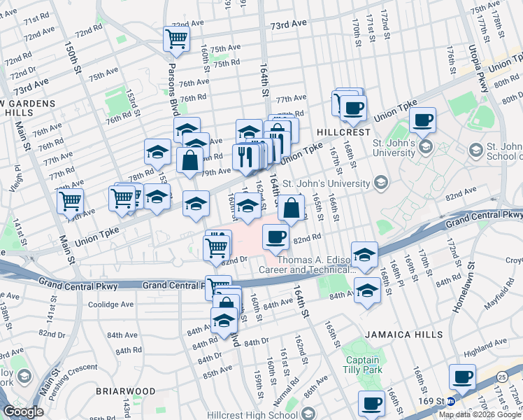 map of restaurants, bars, coffee shops, grocery stores, and more near 80-67 162nd Street in Queens