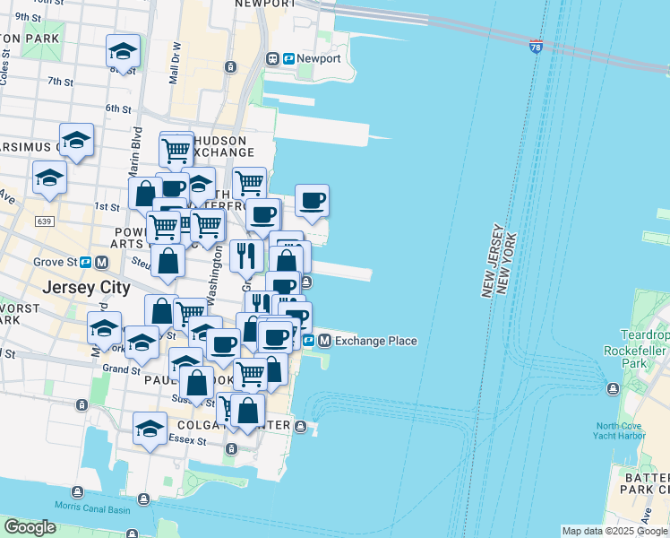 map of restaurants, bars, coffee shops, grocery stores, and more near 1 Harborside Place in Jersey City