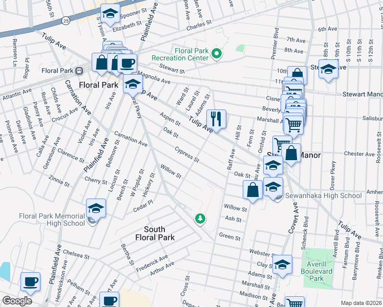 map of restaurants, bars, coffee shops, grocery stores, and more near 93 Cypress Street in Floral Park
